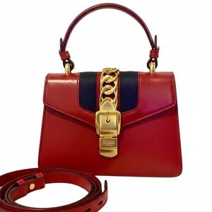 Gucci Sylvie Red Leather 2 Way Shoulder Bag Crossbody Hand Bag